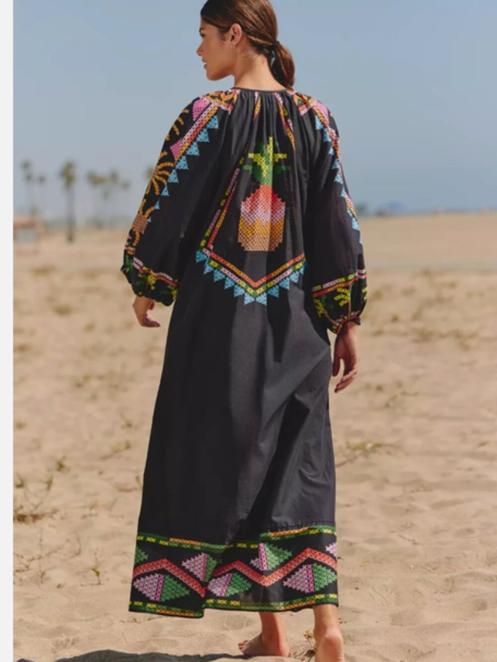 Farm Rio x Anthropologie Long-Sleeve Tie-Front Maxi Dress Pineapple L NWT - Picture 6 of 6